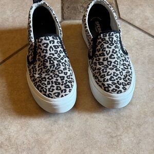 Sperry Woman’s  Black and White Leopard Slip-On Sneakers